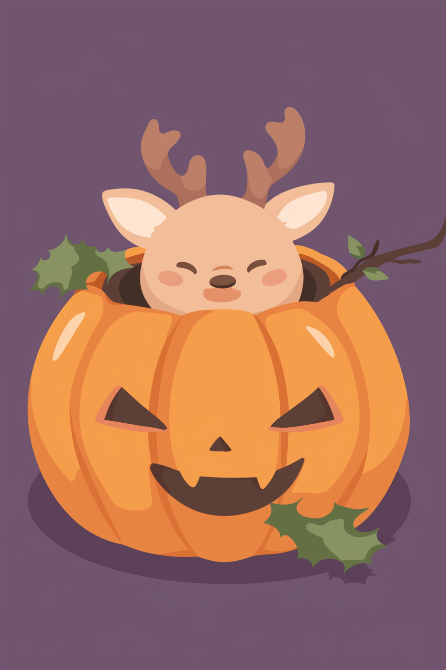 halloween cute animals drawings 2, a cute deer popping out of a carved pumpkin against a purple background.